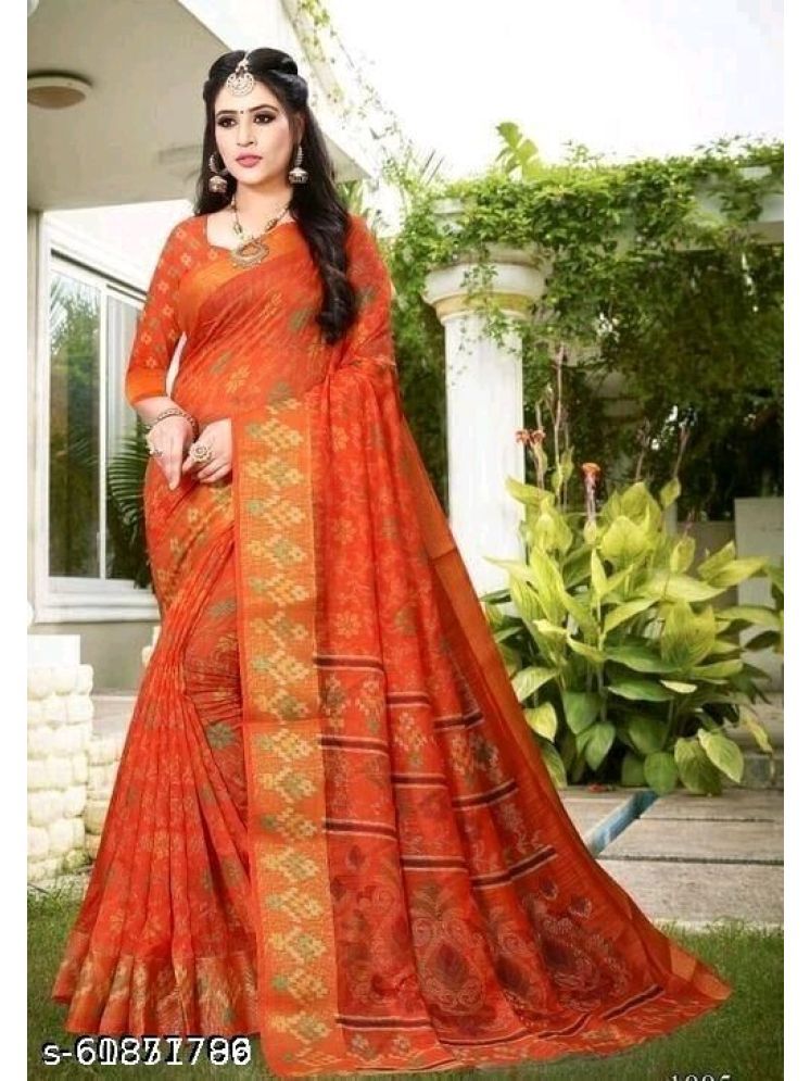     			Samai Cotton Silk Printed Saree With Blouse Piece - Orange ( Pack of 1 )