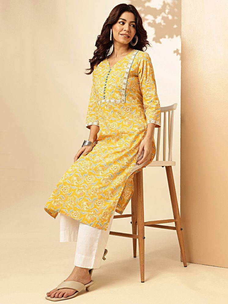     			Vbuyz Cotton Printed Straight Women's Kurti - Yellow ( Pack of 1 )