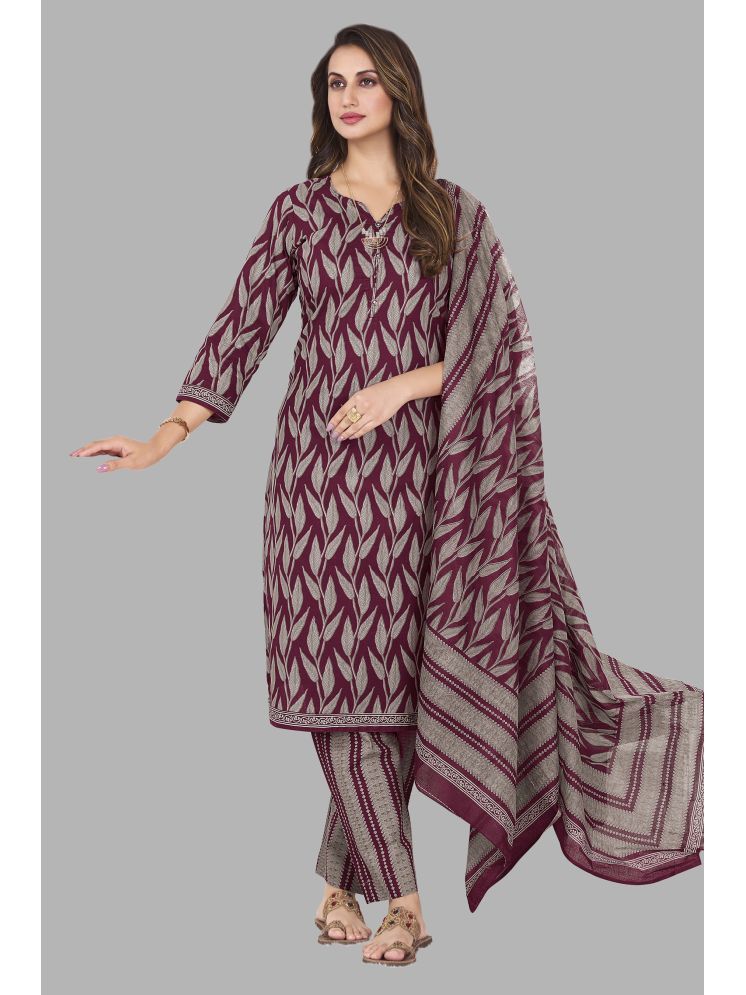     			shree jeenmata collection Cotton Printed Kurti With Pants Women's Stitched Salwar Suit - Maroon ( Pack of 1 )