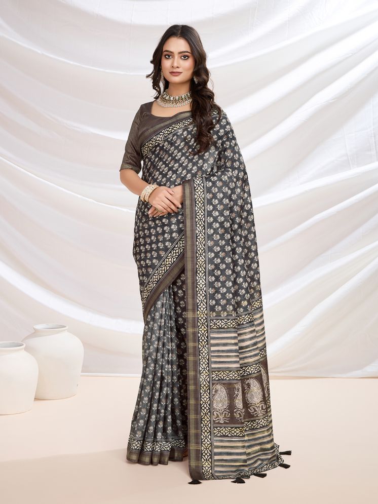     			Rekha Maniyar Cotton Blend Printed Saree With Blouse Piece - Black ( Pack of 1 )