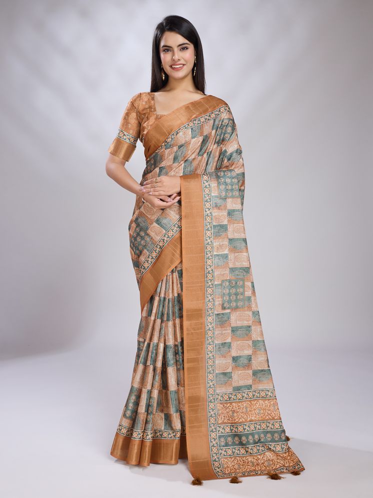     			Rekha Maniyar Silk Blend Printed Saree With Blouse Piece - Peach ( Pack of 1 )