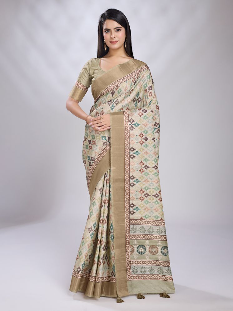     			Rekha Maniyar Silk Blend Printed Saree With Blouse Piece - Cream ( Pack of 1 )