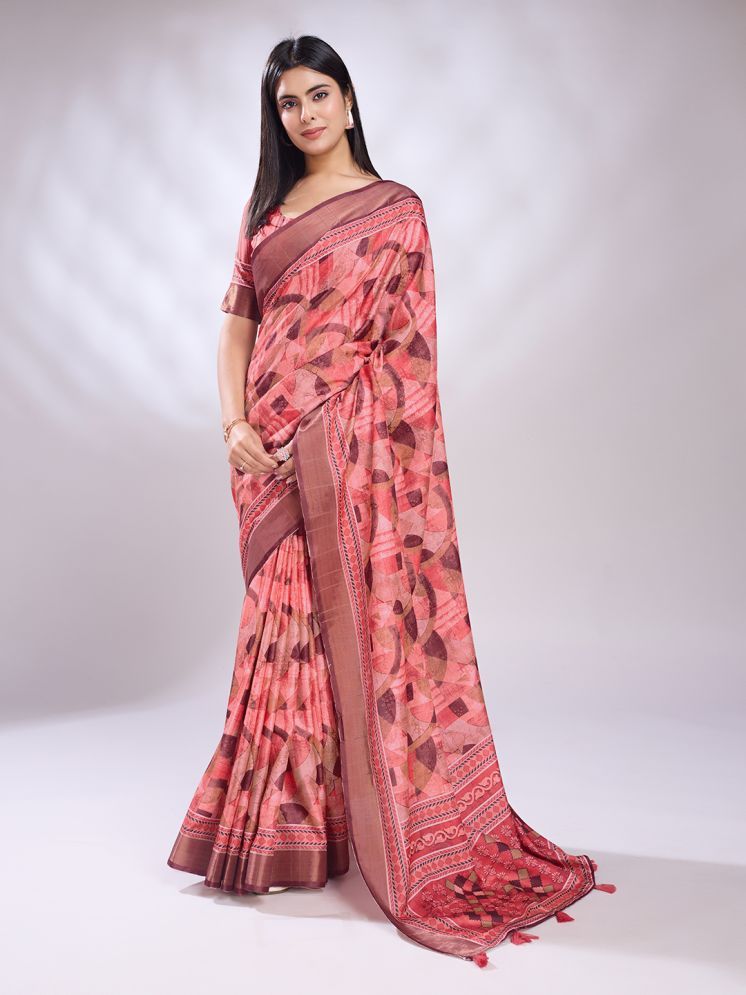     			Rekha Maniyar Silk Blend Printed Saree With Blouse Piece - Coral ( Pack of 1 )